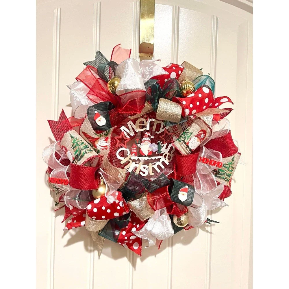 Handmade 13 inch Merry Christmas Gnome Ribbon Wreath MW4